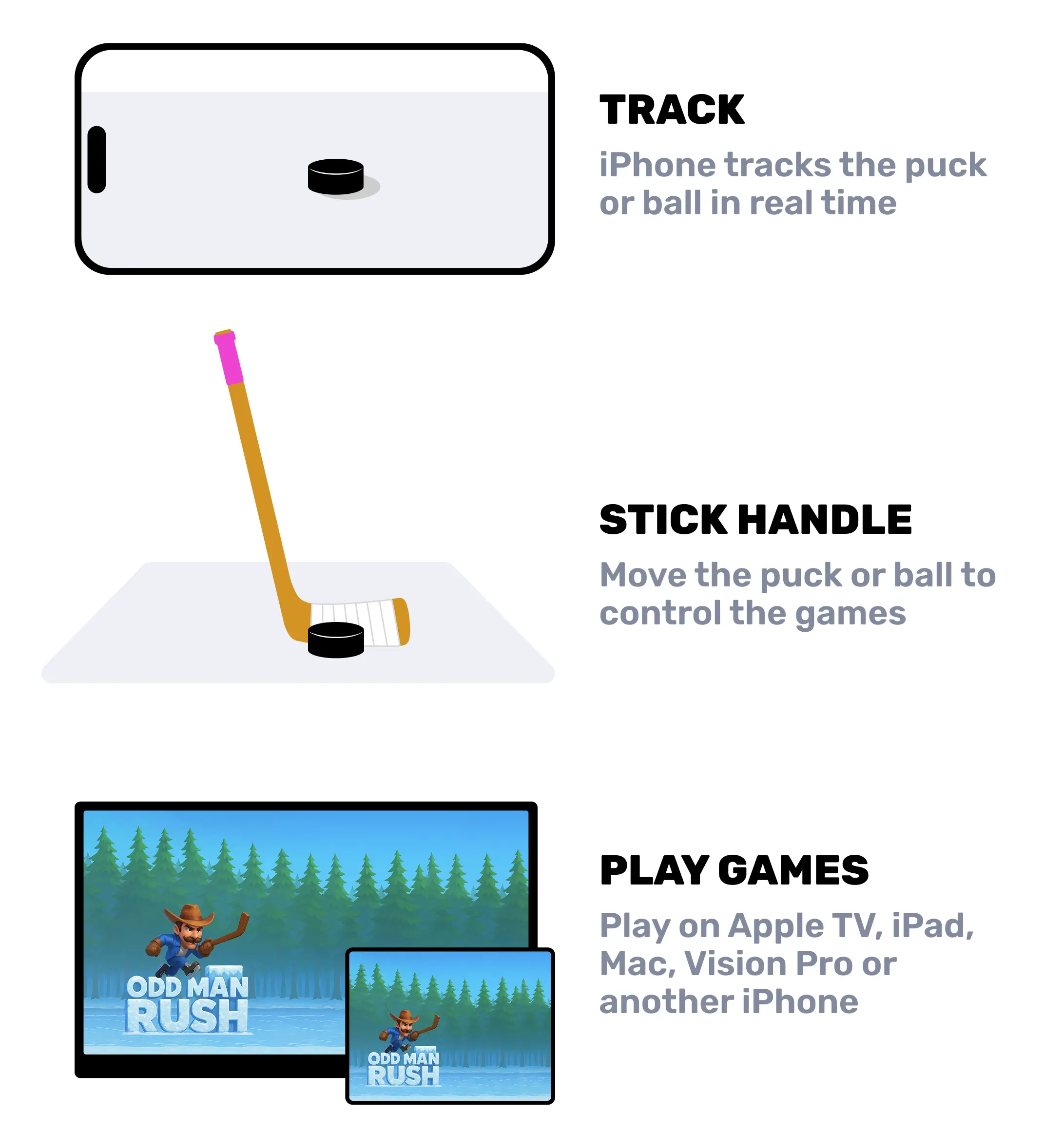Track the puck with your phone and play games on an iPad, Apple TV streaming box, Mac, Vision Pro or another iPhone.